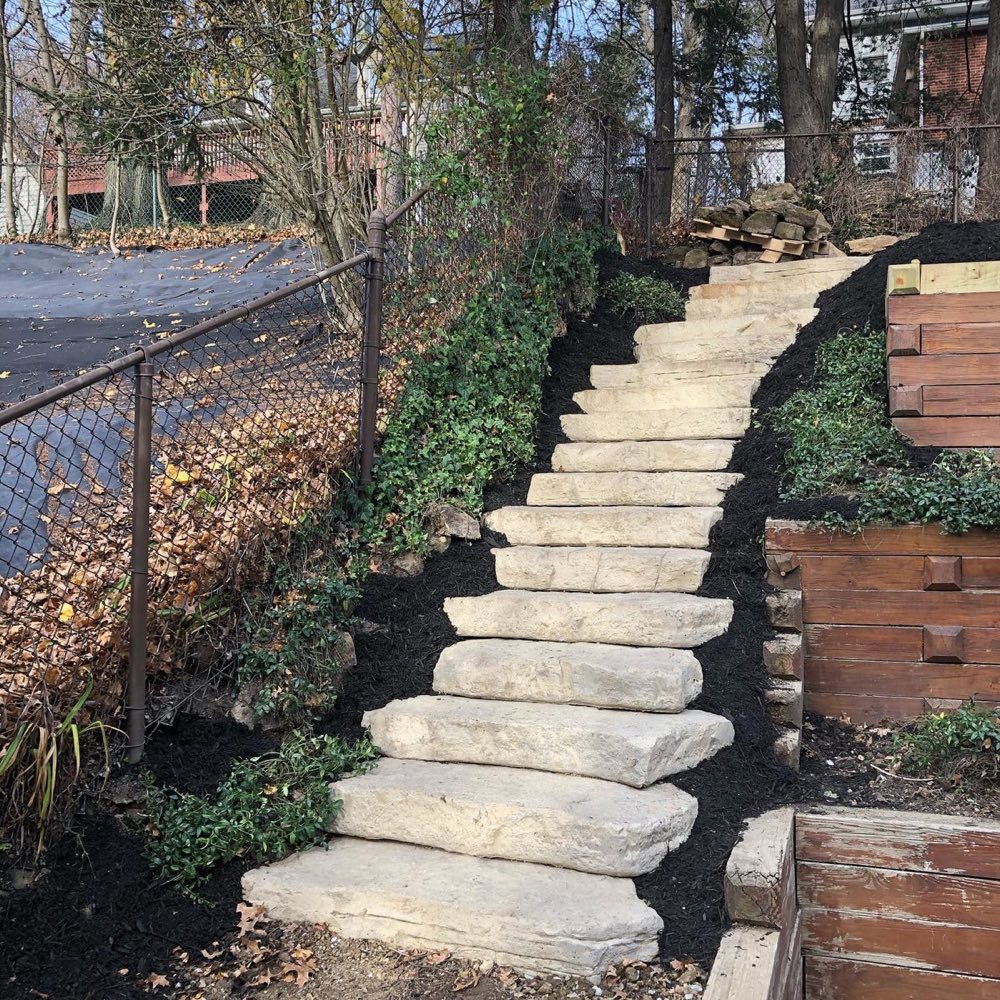 Rosetta irregular stone steps climbing a mulched hillside